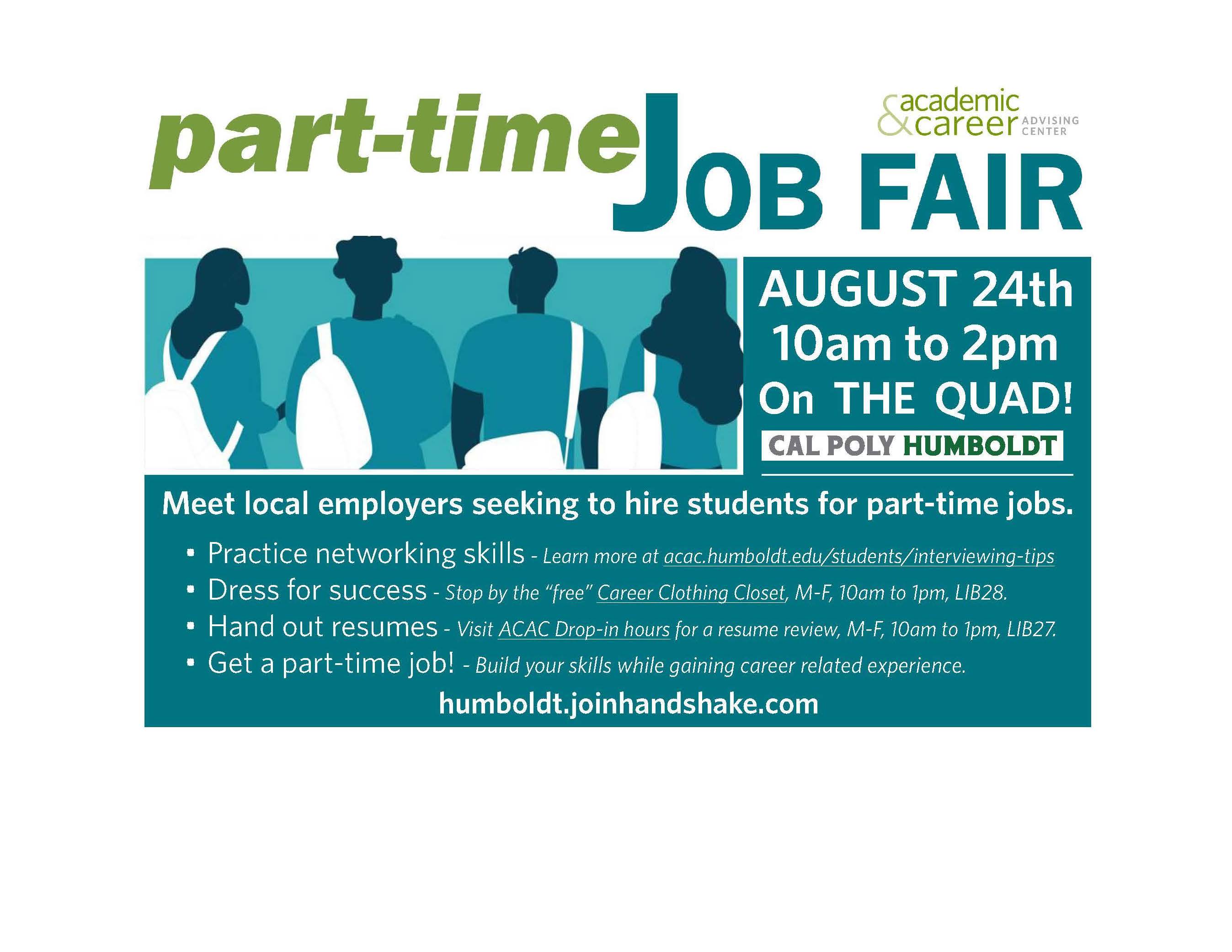 Part-time Job Fair, Wednesday, August 24, 10am to 2pm, on the Quad